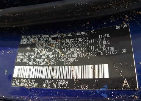 2006 Toyota Tundra Sr5 V8 из США, поврежденный, VIN 5TBDT441X6S504671